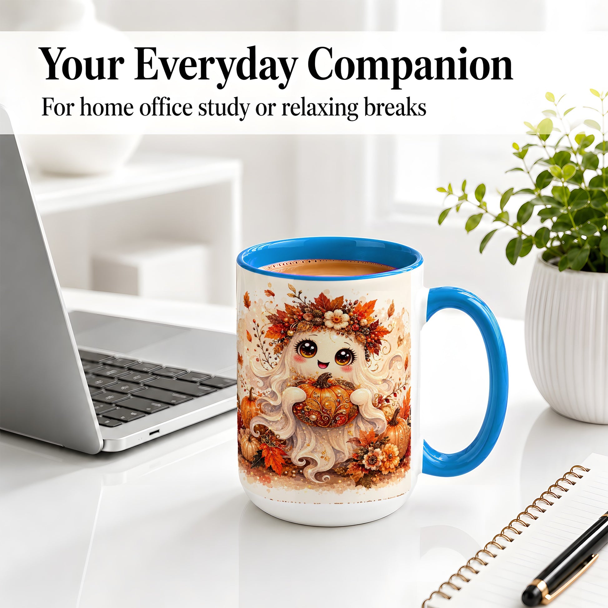 #pl[15oz|Blue] Cute Autumn Ghost Accent Mug, Mug with Ornate Pumpkin Artwork