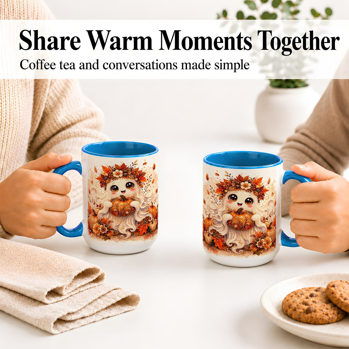 #pl[15oz|Blue] Cute Autumn Ghost Accent Mug, Mug with Ornate Pumpkin Artwork