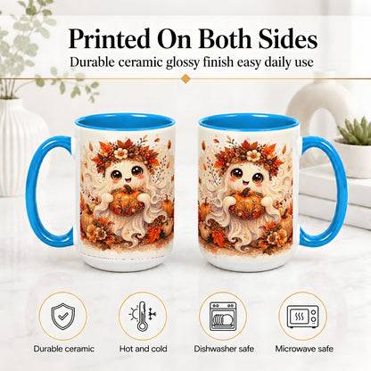#pl[15oz|Blue] Cute Autumn Ghost Accent Mug, Mug with Ornate Pumpkin Artwork