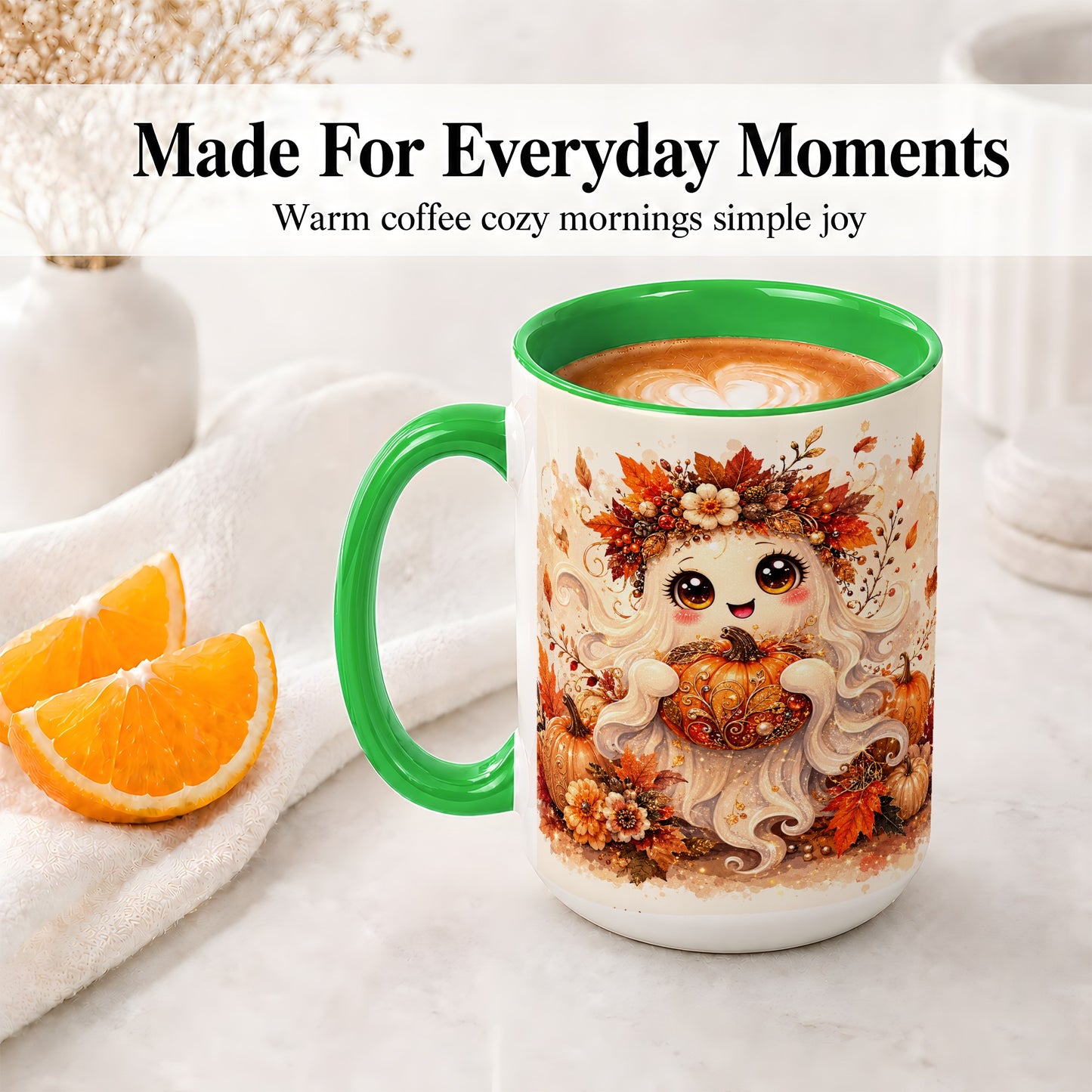 #pl[15oz|Green] Cute Autumn Ghost Accent Mug, Mug with Ornate Pumpkin Artwork