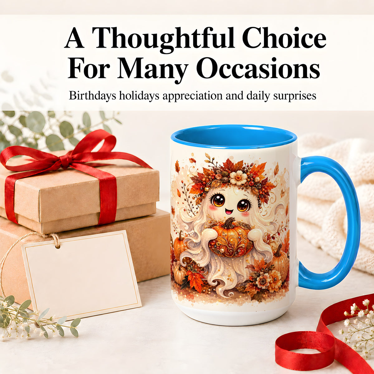 #pl[15oz|Blue] Cute Autumn Ghost Accent Mug, Mug with Ornate Pumpkin Artwork