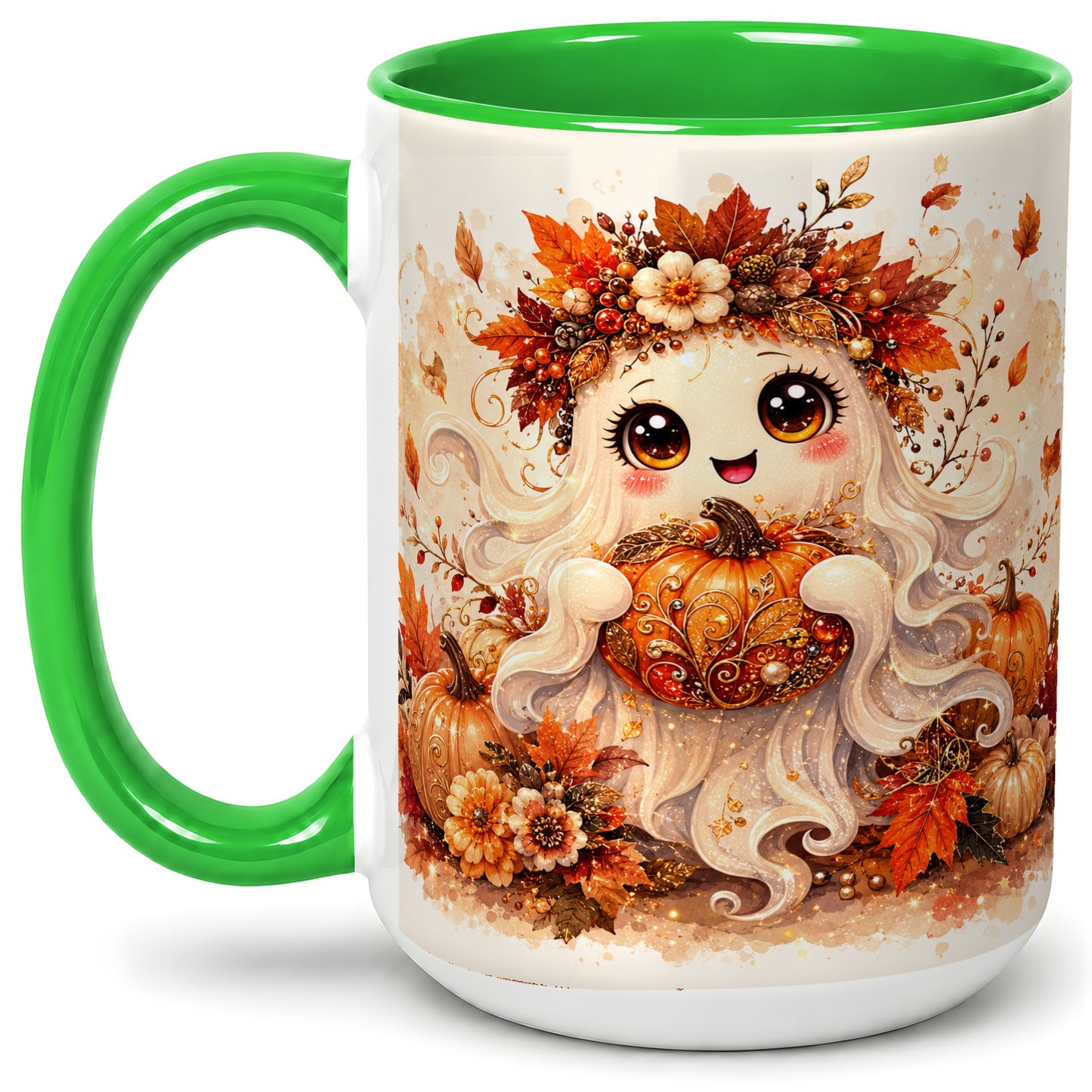 #pl[15oz|Green] Cute Autumn Ghost Accent Mug, Mug with Ornate Pumpkin Artwork