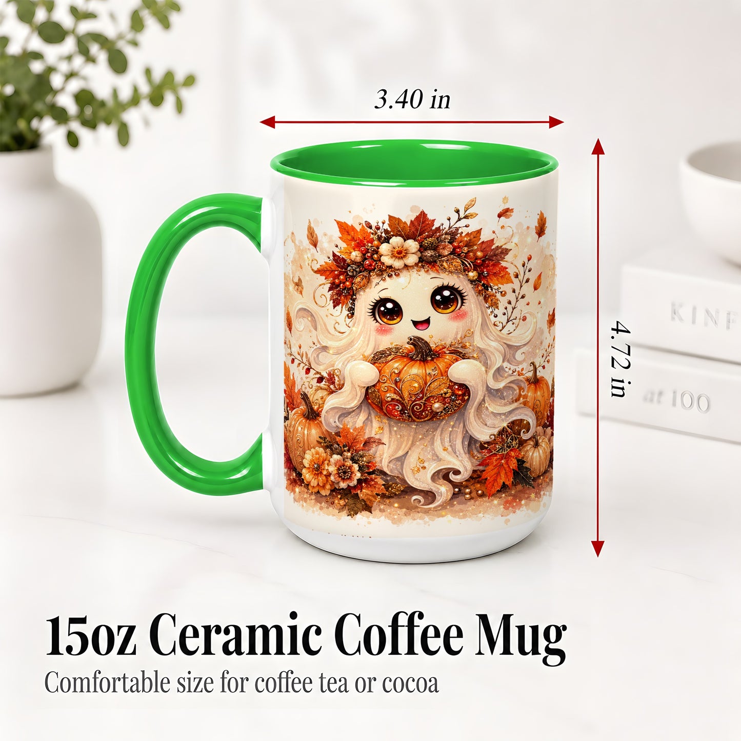 #pl[15oz|Green] Cute Autumn Ghost Accent Mug, Mug with Ornate Pumpkin Artwork