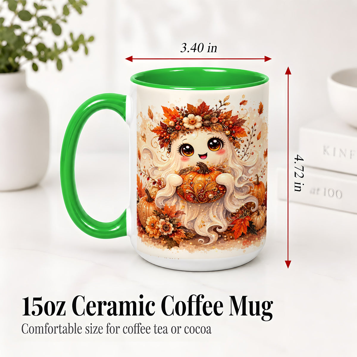 #pl[15oz|Green] Cute Autumn Ghost Accent Mug, Mug with Ornate Pumpkin Artwork