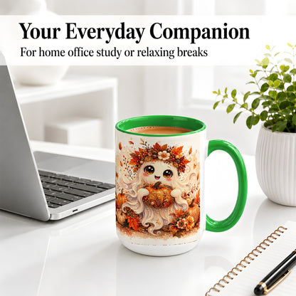 #pl[15oz|Green] Cute Autumn Ghost Accent Mug, Mug with Ornate Pumpkin Artwork