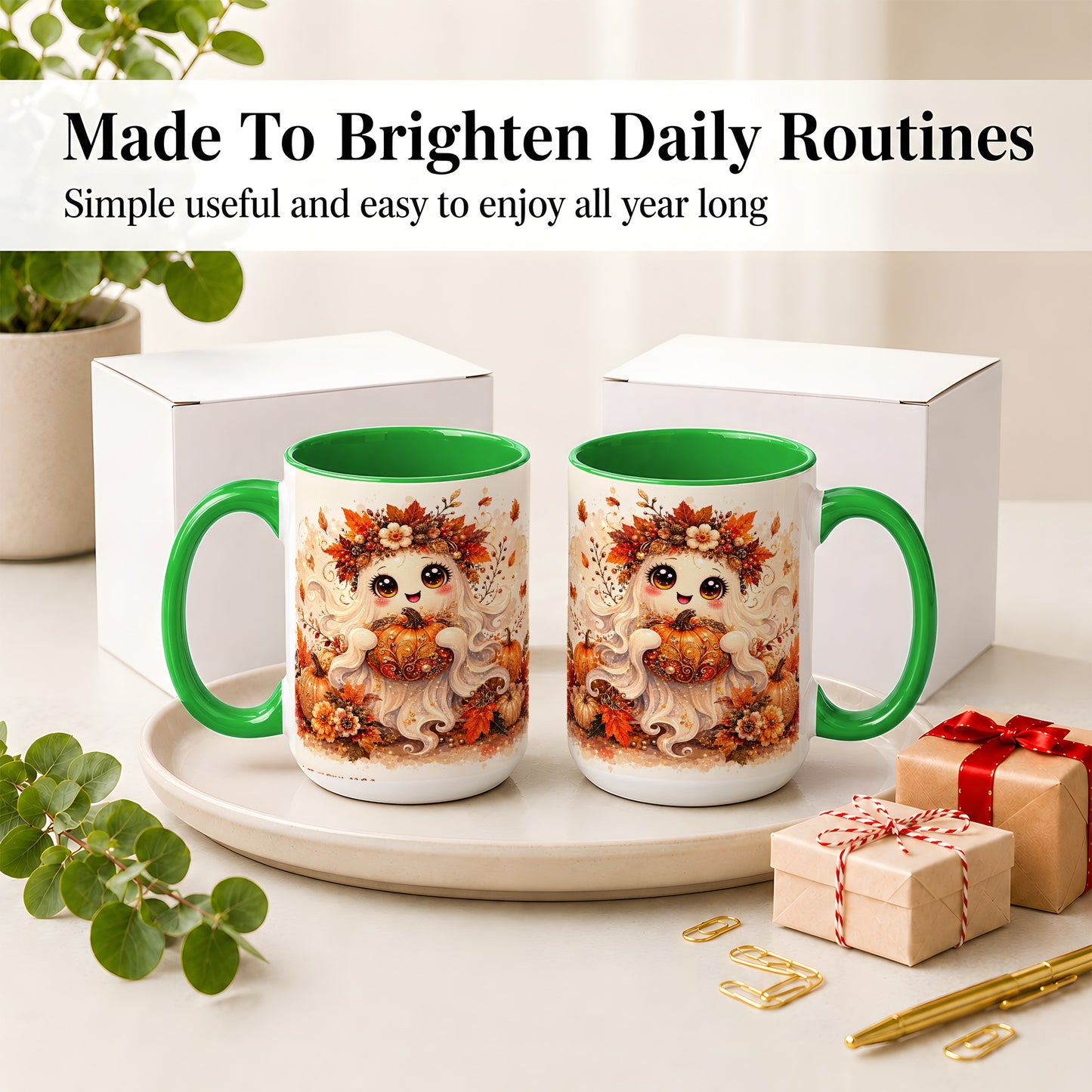 #pl[15oz|Green] Cute Autumn Ghost Accent Mug, Mug with Ornate Pumpkin Artwork