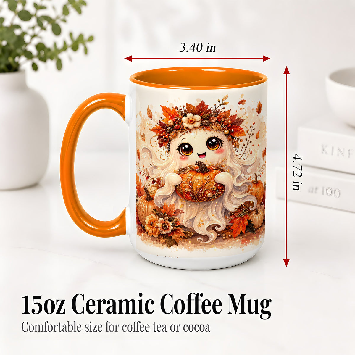 #pl[15oz|Orange] Cute Autumn Ghost Accent Mug, Mug with Ornate Pumpkin Artwork