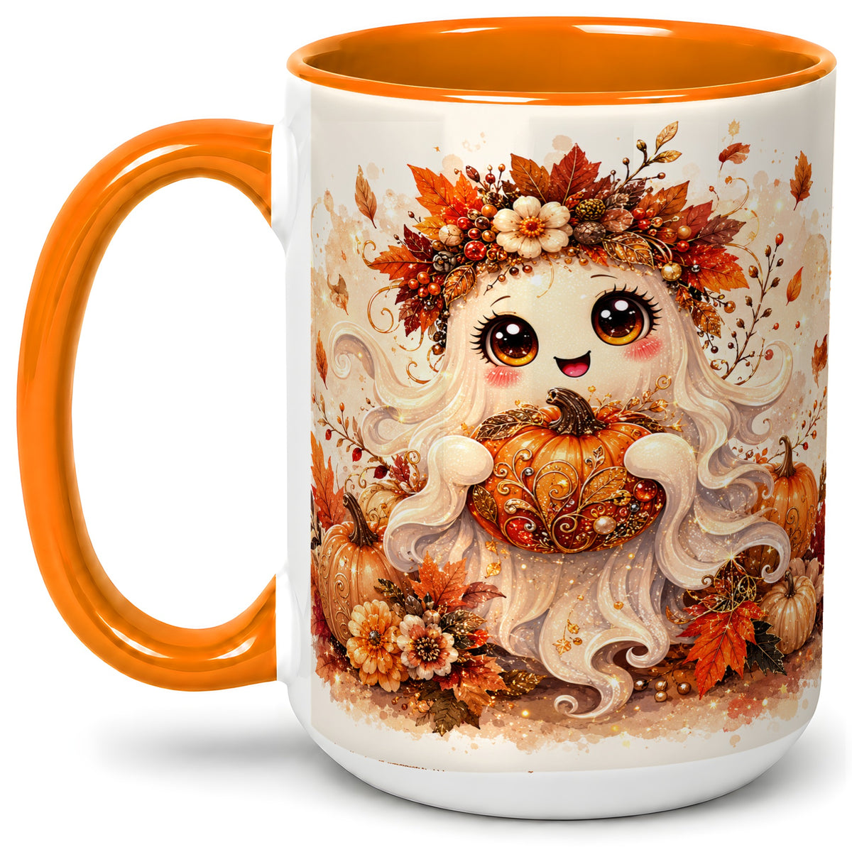 #pl[15oz|Orange] Cute Autumn Ghost Accent Mug, Mug with Ornate Pumpkin Artwork