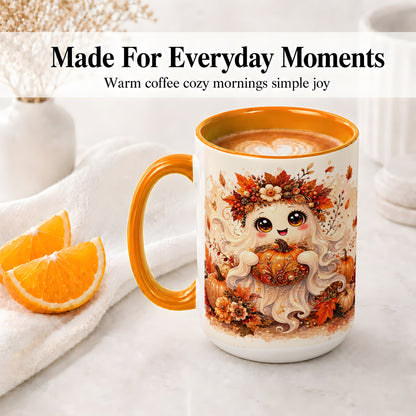 #pl[15oz|Orange] Cute Autumn Ghost Accent Mug, Mug with Ornate Pumpkin Artwork