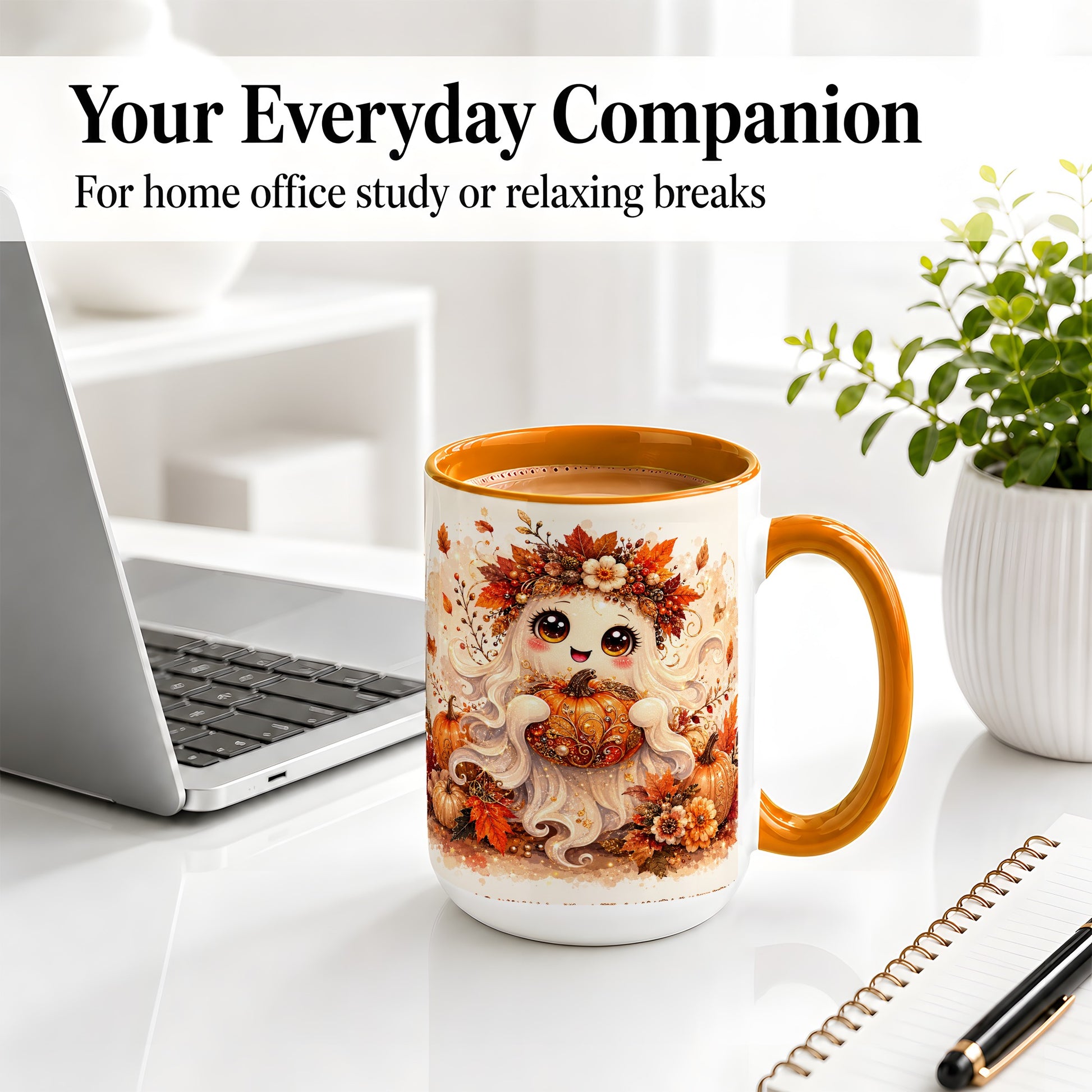 #pl[15oz|Orange] Cute Autumn Ghost Accent Mug, Mug with Ornate Pumpkin Artwork