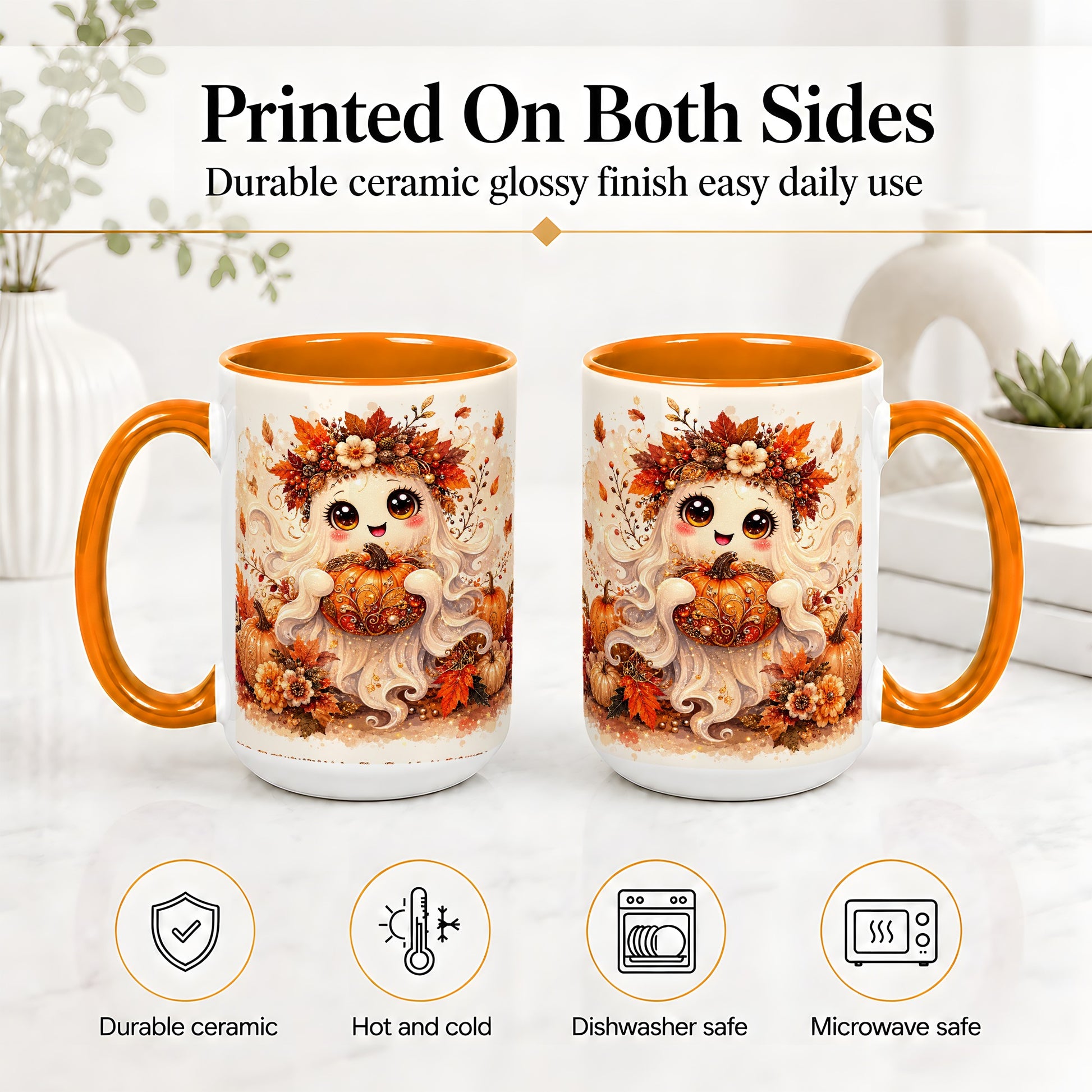 #pl[15oz|Orange] Cute Autumn Ghost Accent Mug, Mug with Ornate Pumpkin Artwork