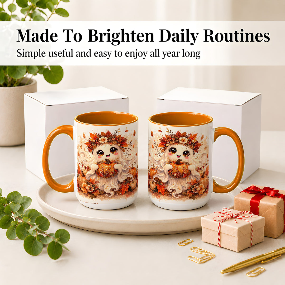 #pl[15oz|Orange] Cute Autumn Ghost Accent Mug, Mug with Ornate Pumpkin Artwork