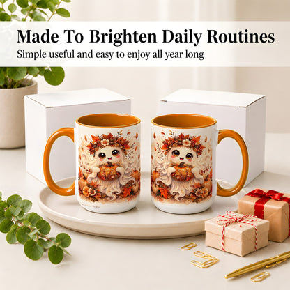 #pl[15oz|Orange] Cute Autumn Ghost Accent Mug, Mug with Ornate Pumpkin Artwork