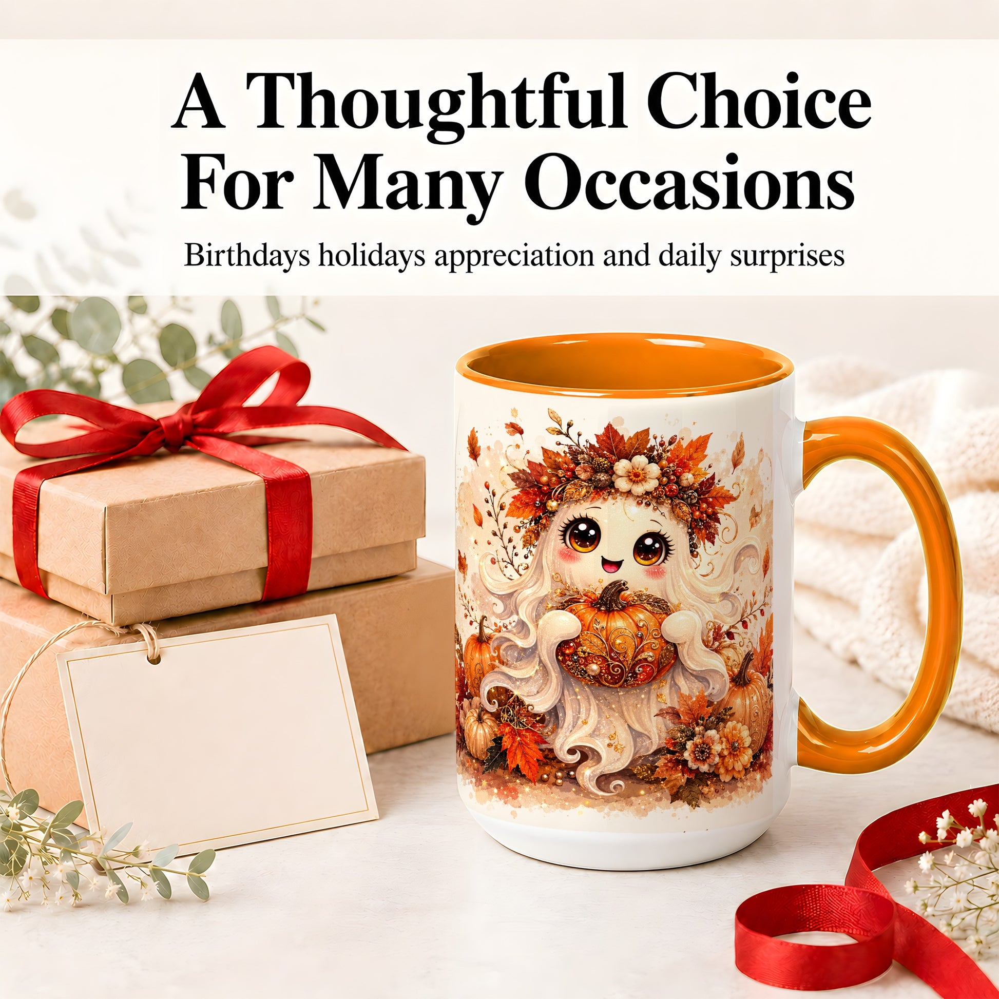 #pl[15oz|Orange] Cute Autumn Ghost Accent Mug, Mug with Ornate Pumpkin Artwork