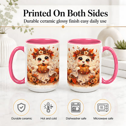 #pl[15oz|Pink] Cute Autumn Ghost Accent Mug, Mug with Ornate Pumpkin Artwork