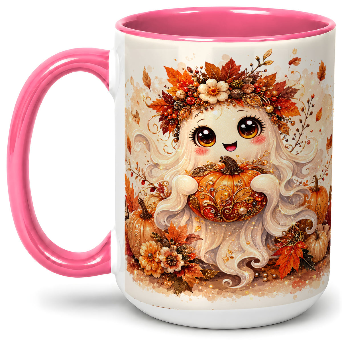 #pl[15oz|Pink] Cute Autumn Ghost Accent Mug, Mug with Ornate Pumpkin Artwork