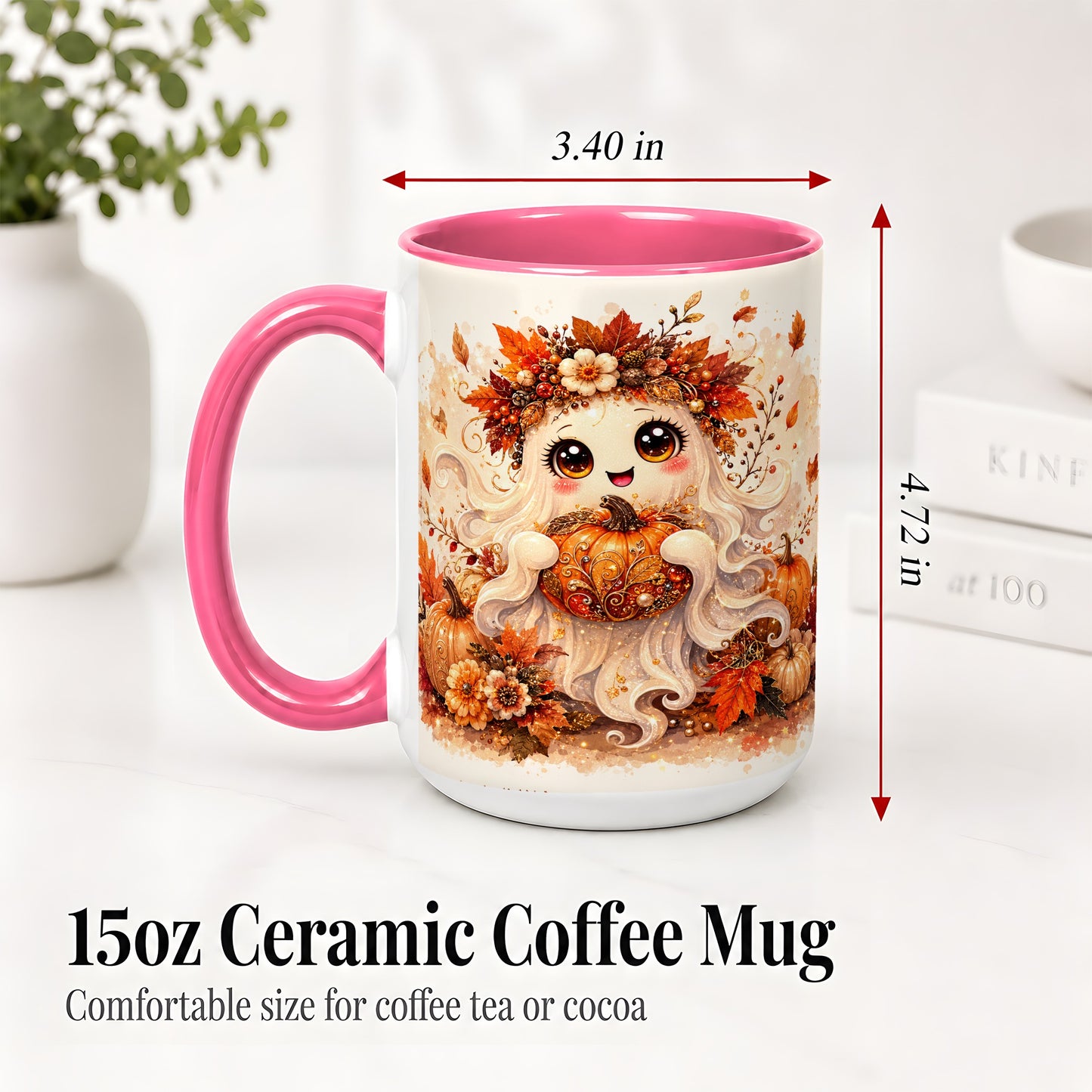 #pl[15oz|Pink] Cute Autumn Ghost Accent Mug, Mug with Ornate Pumpkin Artwork