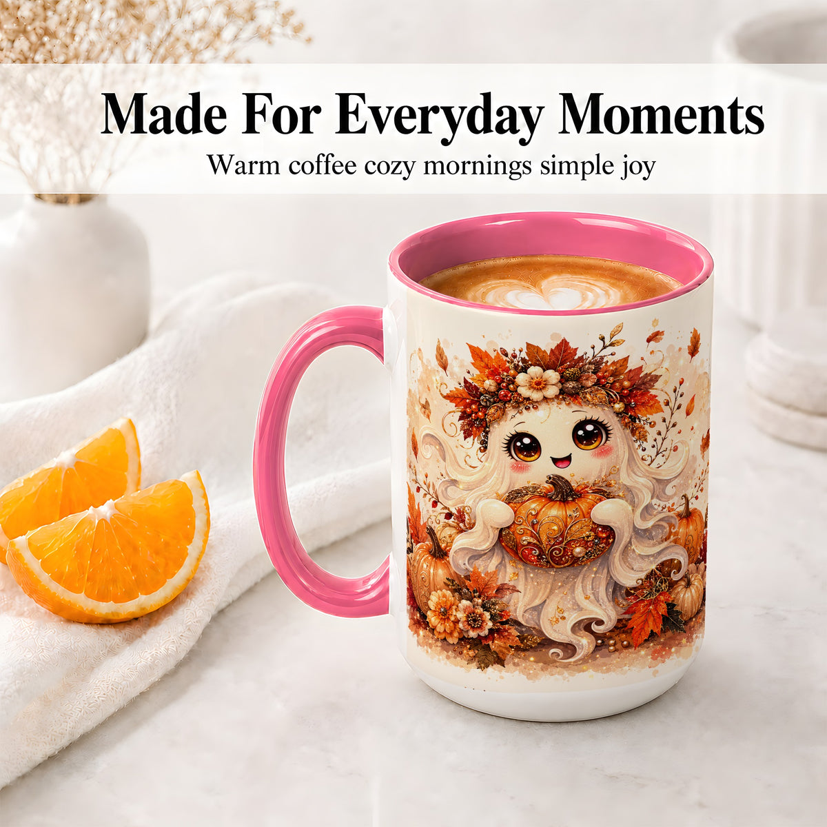 #pl[15oz|Pink] Cute Autumn Ghost Accent Mug, Mug with Ornate Pumpkin Artwork
