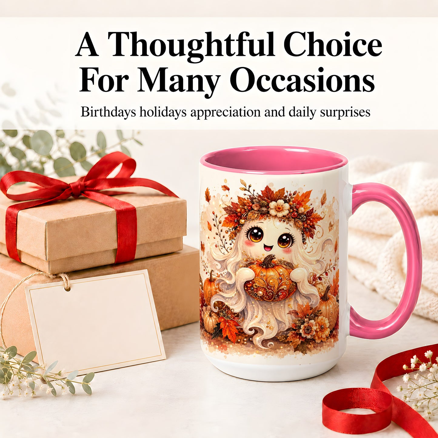 #pl[15oz|Pink] Cute Autumn Ghost Accent Mug, Mug with Ornate Pumpkin Artwork