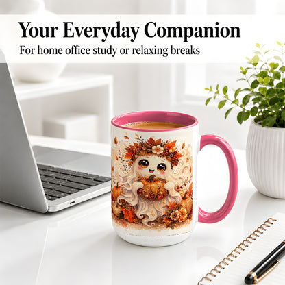 #pl[15oz|Pink] Cute Autumn Ghost Accent Mug, Mug with Ornate Pumpkin Artwork