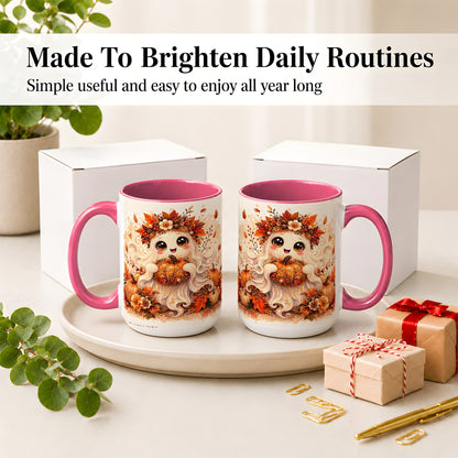 #pl[15oz|Pink] Cute Autumn Ghost Accent Mug, Mug with Ornate Pumpkin Artwork