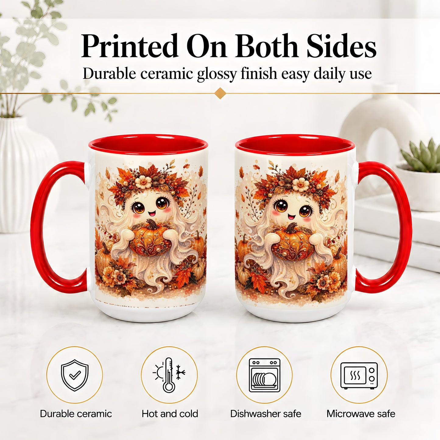 #pl[15oz|Red] Cute Autumn Ghost Accent Mug, Mug with Ornate Pumpkin Artwork