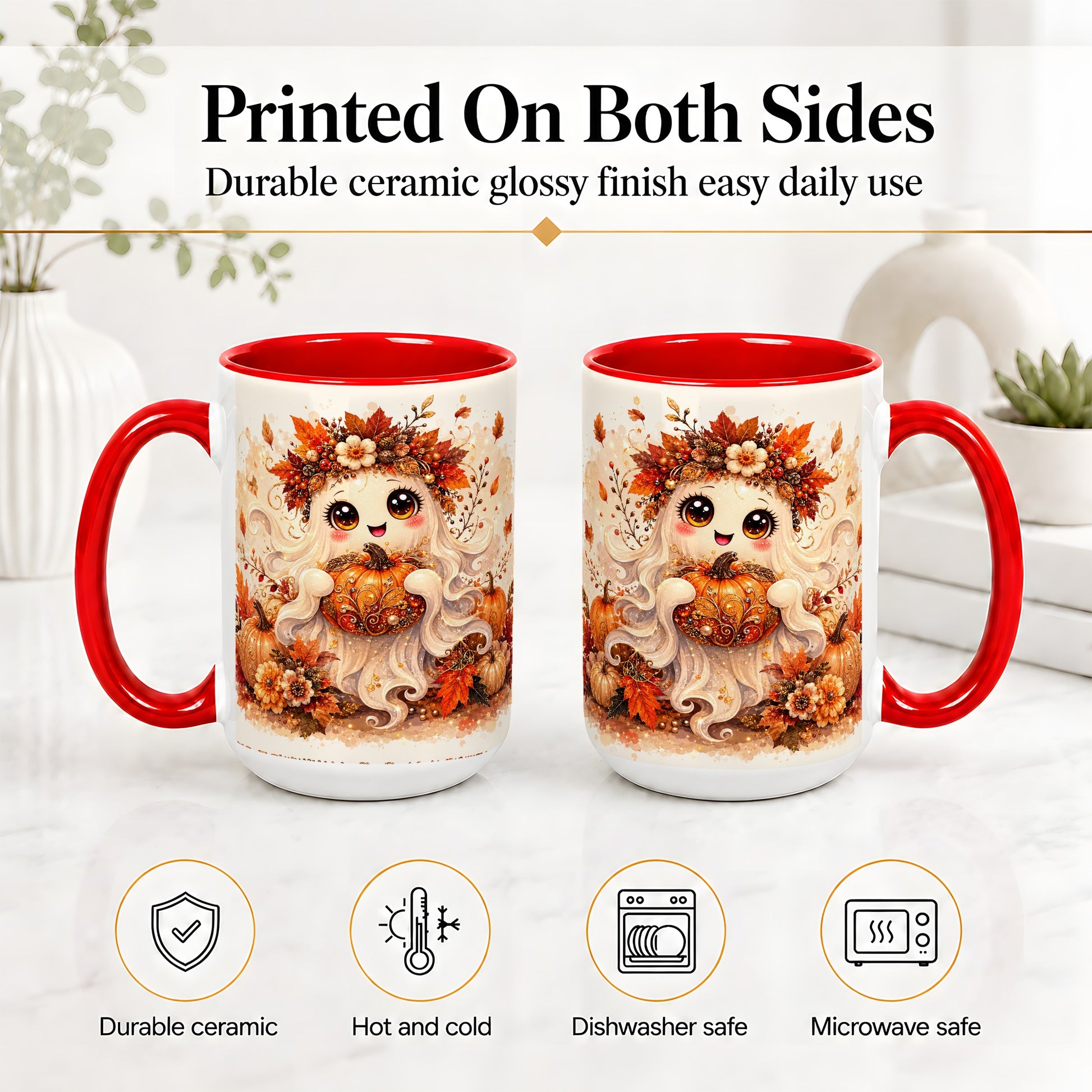#pl[15oz|Red] Cute Autumn Ghost Accent Mug, Mug with Ornate Pumpkin Artwork