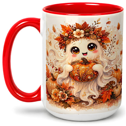 #pl[15oz|Red] Cute Autumn Ghost Accent Mug, Mug with Ornate Pumpkin Artwork