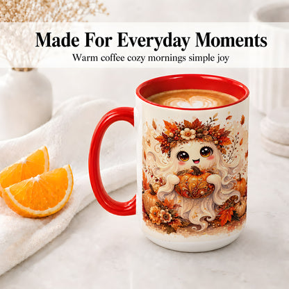 #pl[15oz|Red] Cute Autumn Ghost Accent Mug, Mug with Ornate Pumpkin Artwork
