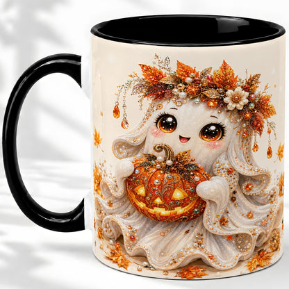 #pl[11oz|Black] Jeweled Halloween Ghost Accent Mug, Mug with Jack O Lantern Art