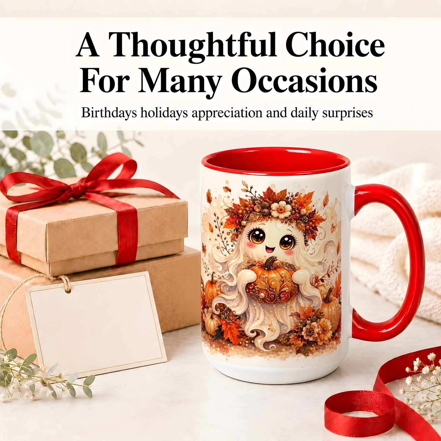#pl[15oz|Red] Cute Autumn Ghost Accent Mug, Mug with Ornate Pumpkin Artwork