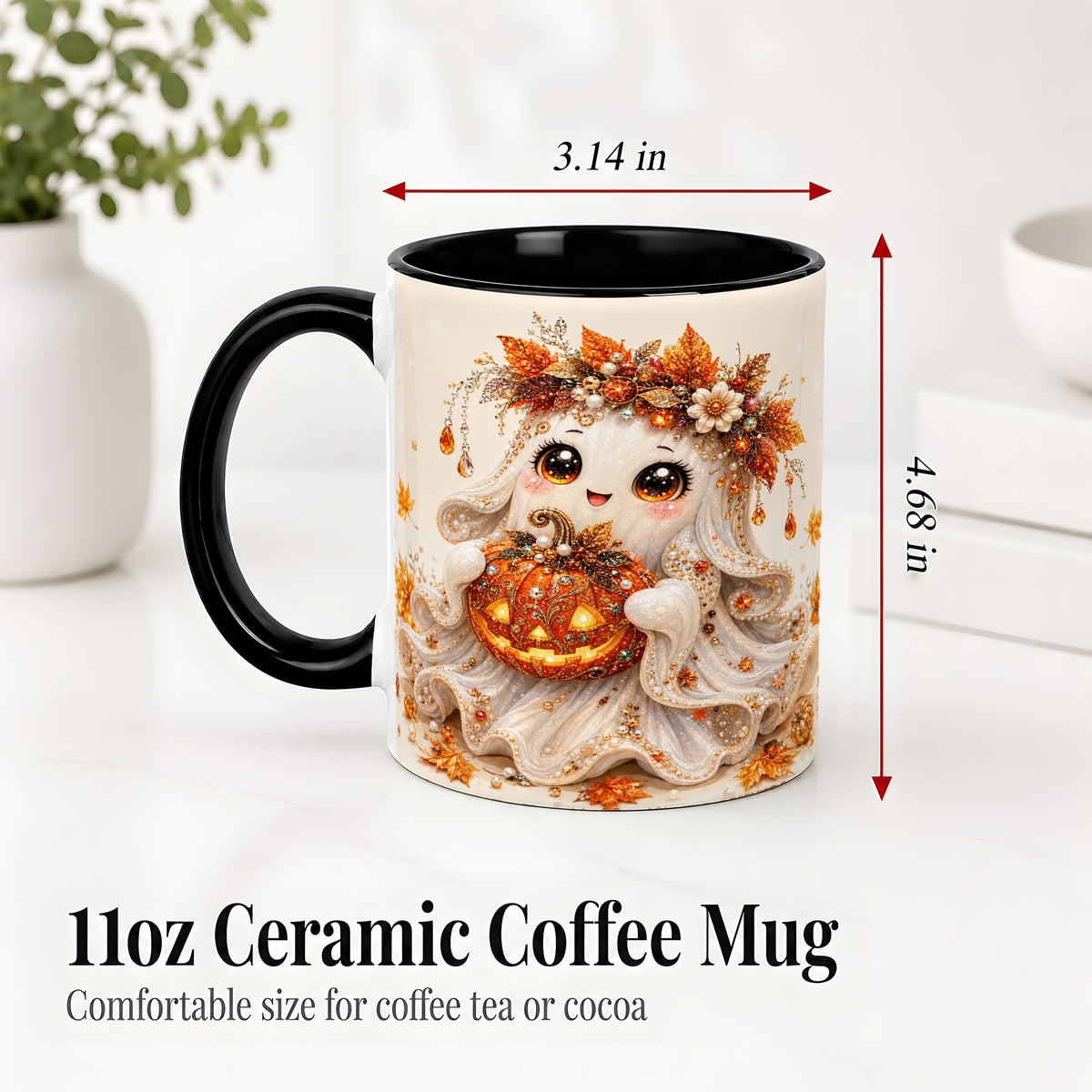 #pl[11oz|Black] Jeweled Halloween Ghost Accent Mug, Mug with Jack O Lantern Art