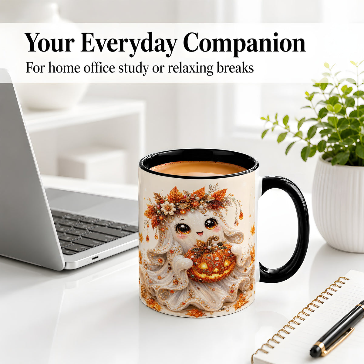 #pl[11oz|Black] Jeweled Halloween Ghost Accent Mug, Mug with Jack O Lantern Art