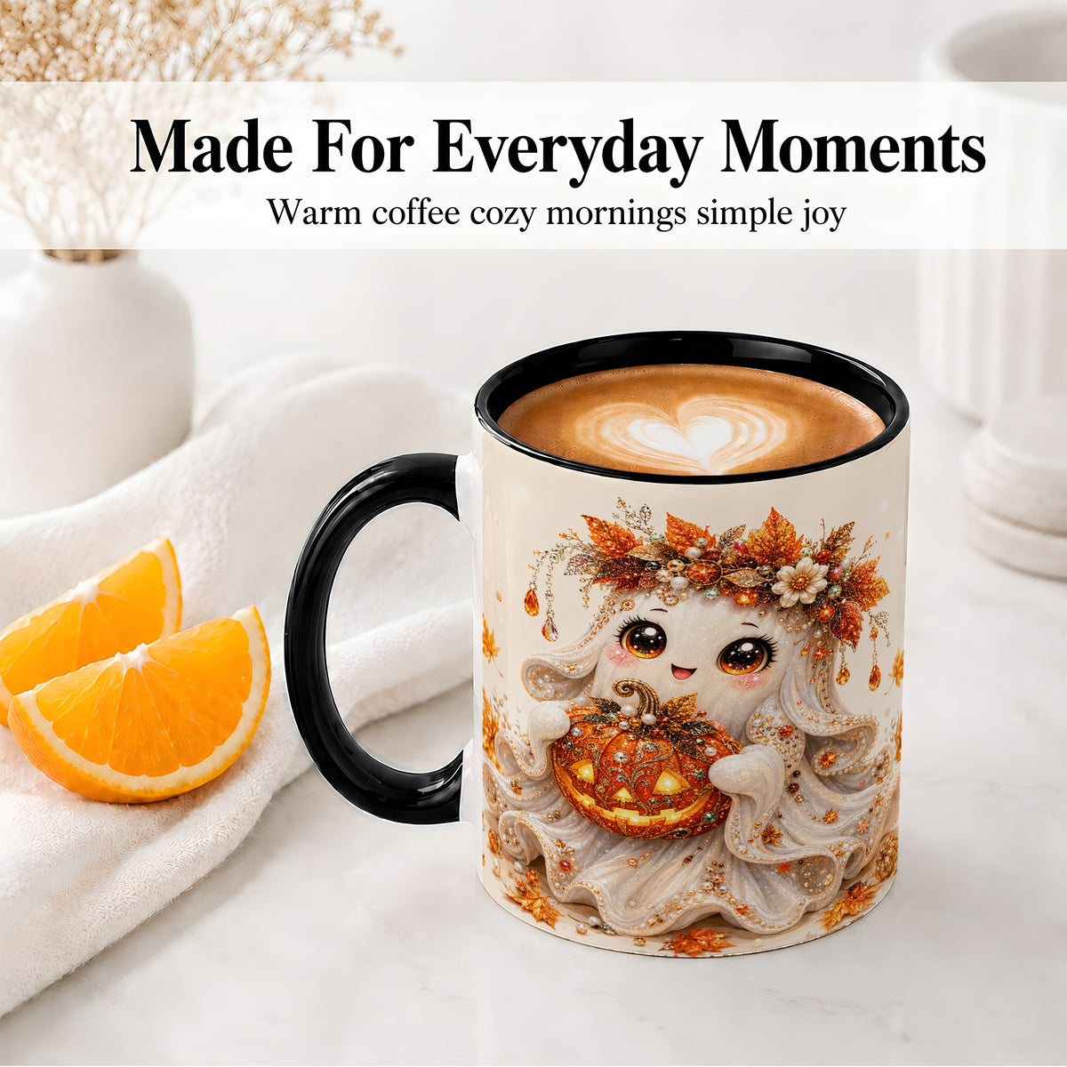 #pl[11oz|Black] Jeweled Halloween Ghost Accent Mug, Mug with Jack O Lantern Art