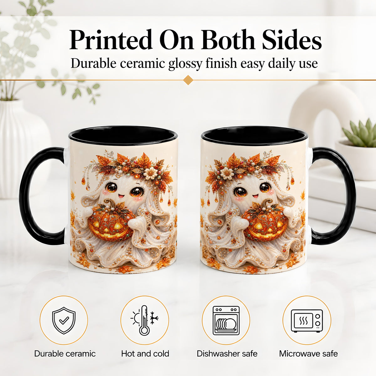 #pl[11oz|Black] Jeweled Halloween Ghost Accent Mug, Mug with Jack O Lantern Art