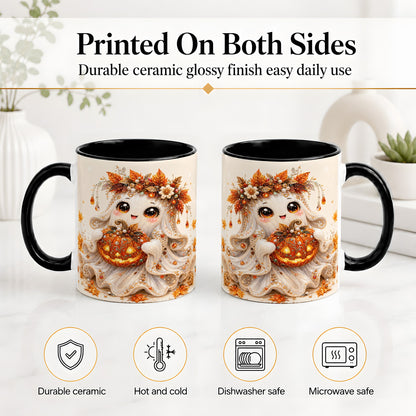 #pl[11oz|Black] Jeweled Halloween Ghost Accent Mug, Mug with Jack O Lantern Art