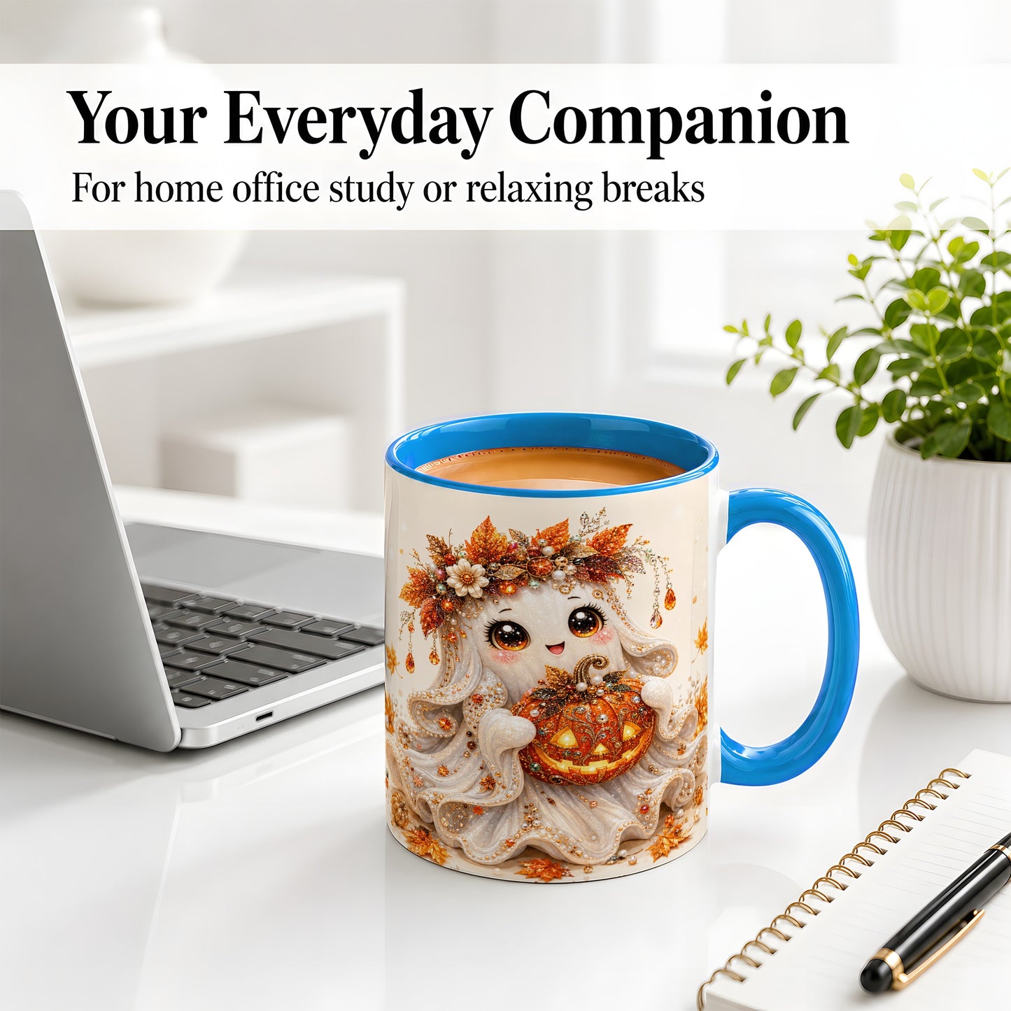 #pl[11oz|Blue] Jeweled Halloween Ghost Accent Mug, Mug with Jack O Lantern Art