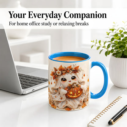 #pl[11oz|Blue] Jeweled Halloween Ghost Accent Mug, Mug with Jack O Lantern Art