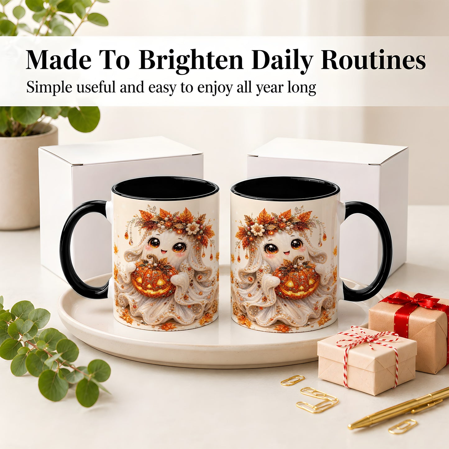 #pl[11oz|Black] Jeweled Halloween Ghost Accent Mug, Mug with Jack O Lantern Art