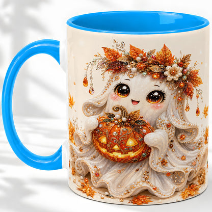 #pl[11oz|Blue] Jeweled Halloween Ghost Accent Mug, Mug with Jack O Lantern Art