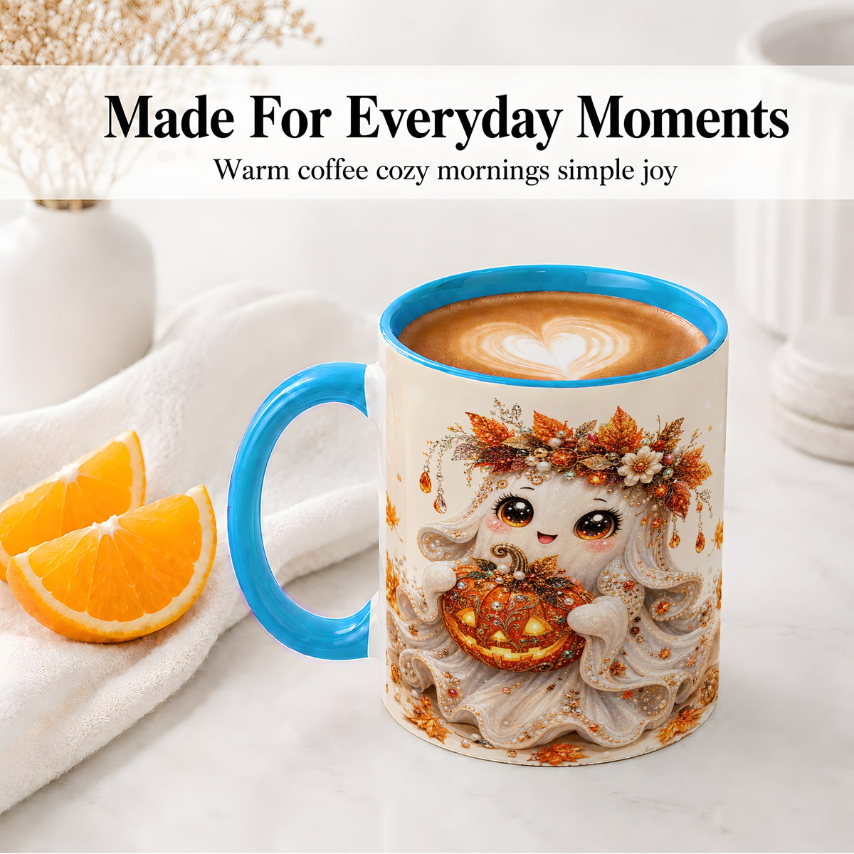 #pl[11oz|Blue] Jeweled Halloween Ghost Accent Mug, Mug with Jack O Lantern Art