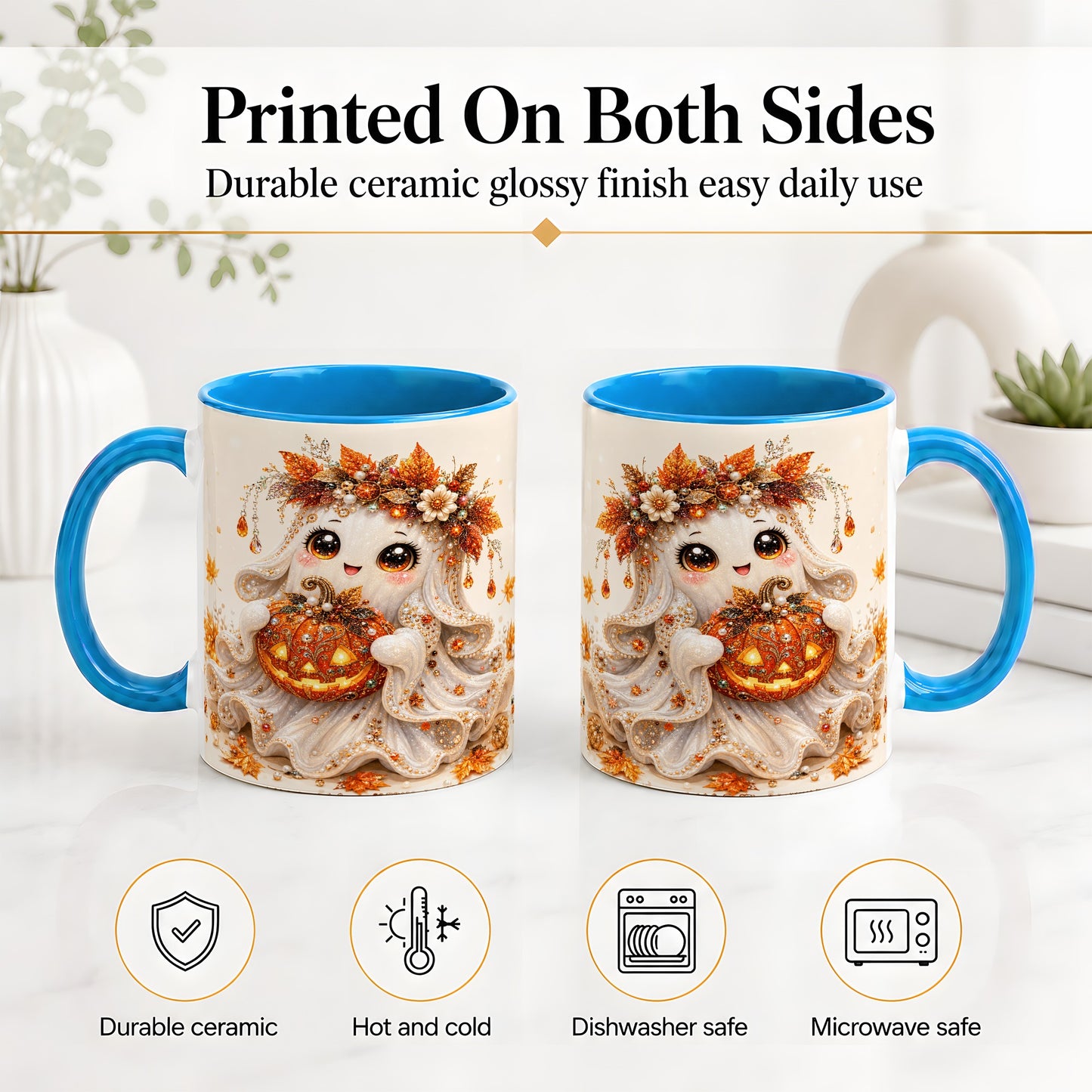 #pl[11oz|Blue] Jeweled Halloween Ghost Accent Mug, Mug with Jack O Lantern Art