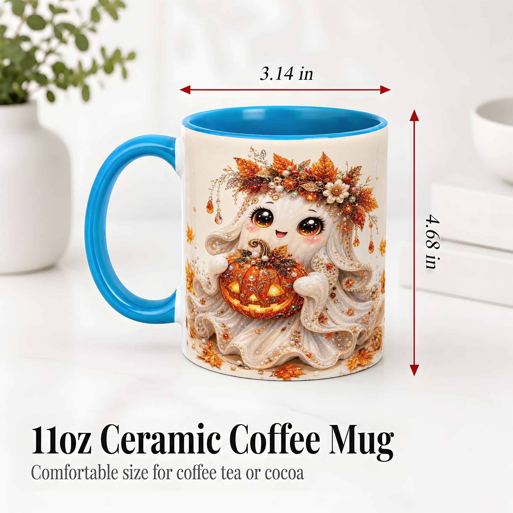 #pl[11oz|Blue] Jeweled Halloween Ghost Accent Mug, Mug with Jack O Lantern Art