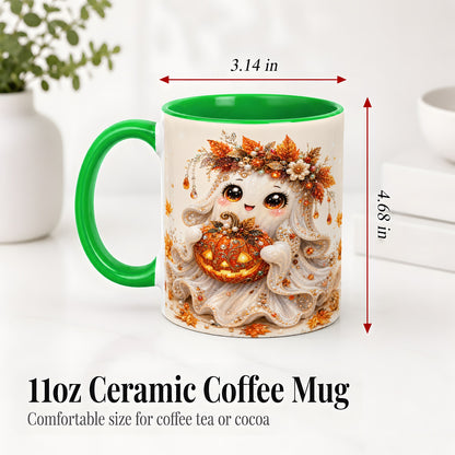 #pl[11oz|Green] Jeweled Halloween Ghost Accent Mug, Mug with Jack O Lantern Art