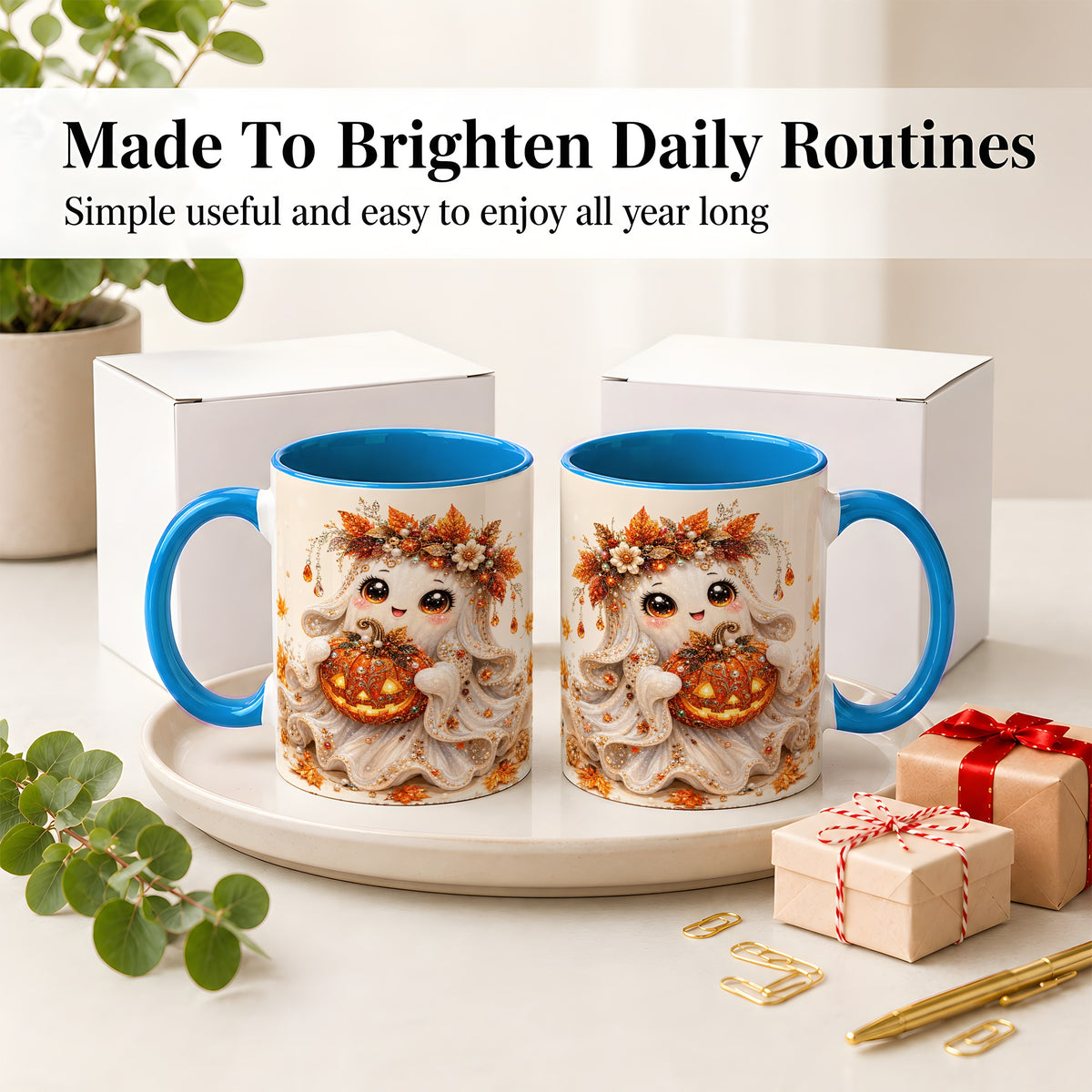 #pl[11oz|Blue] Jeweled Halloween Ghost Accent Mug, Mug with Jack O Lantern Art