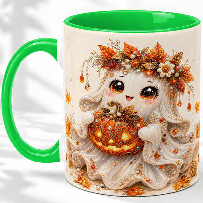 #pl[11oz|Green] Jeweled Halloween Ghost Accent Mug, Mug with Jack O Lantern Art