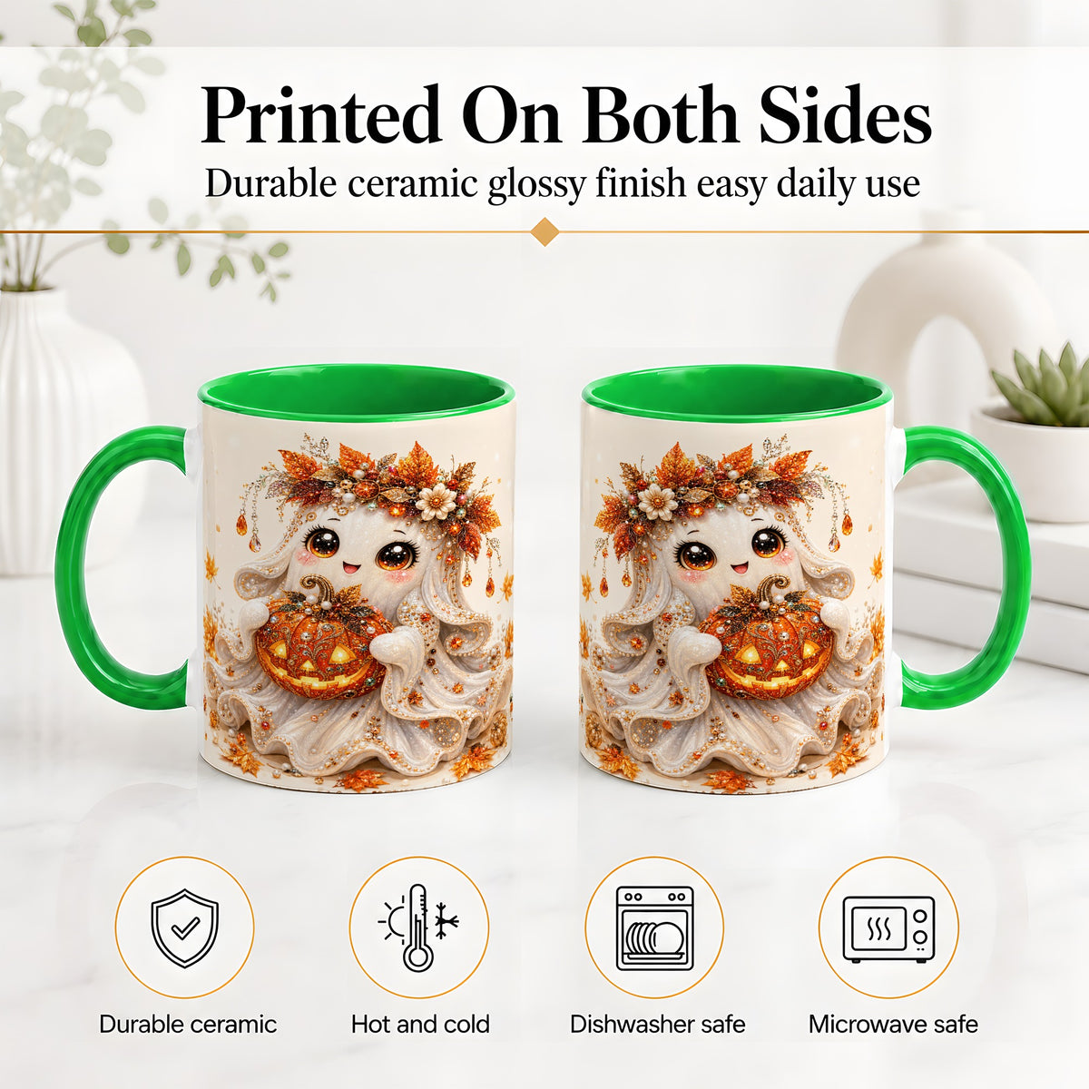 #pl[11oz|Green] Jeweled Halloween Ghost Accent Mug, Mug with Jack O Lantern Art