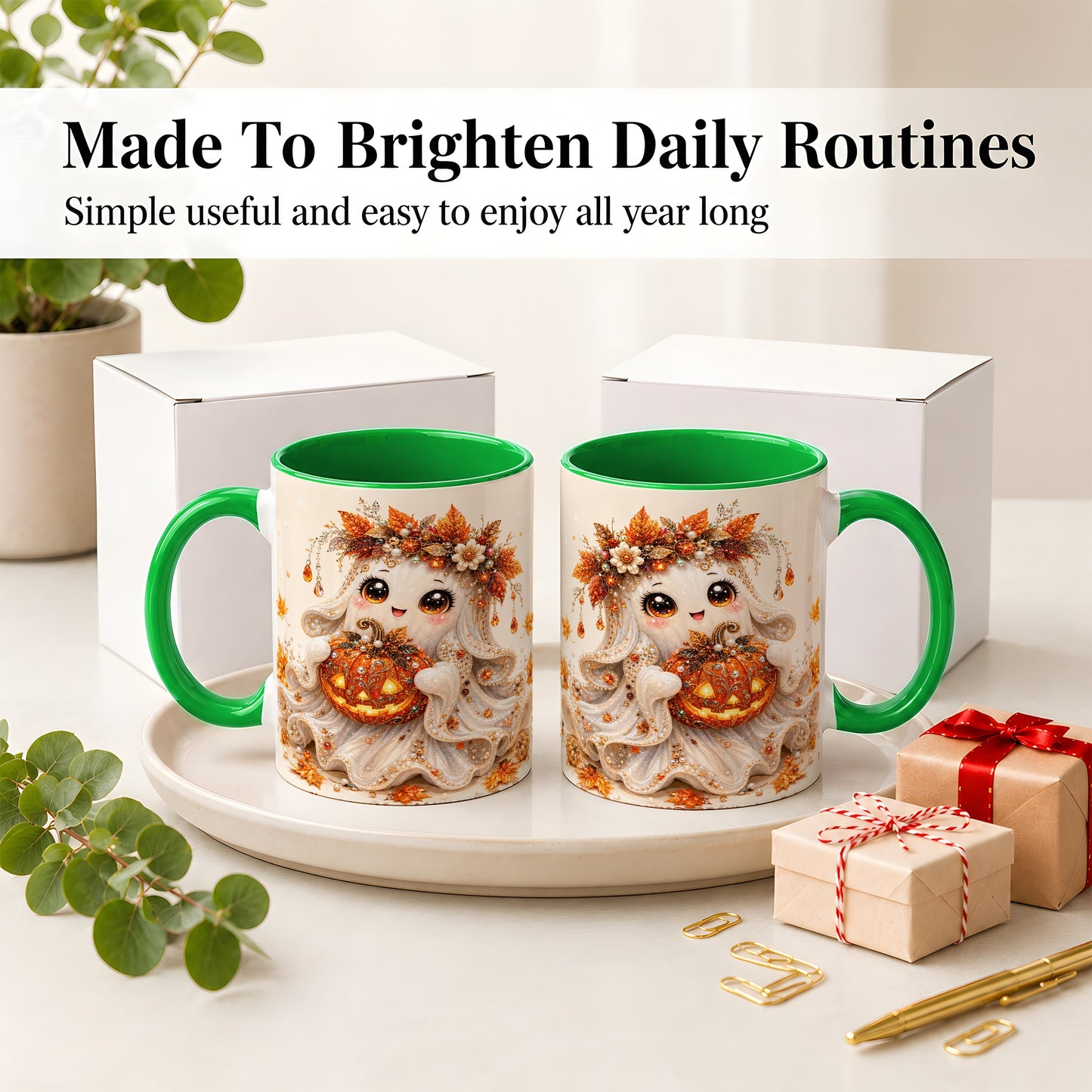 #pl[11oz|Green] Jeweled Halloween Ghost Accent Mug, Mug with Jack O Lantern Art