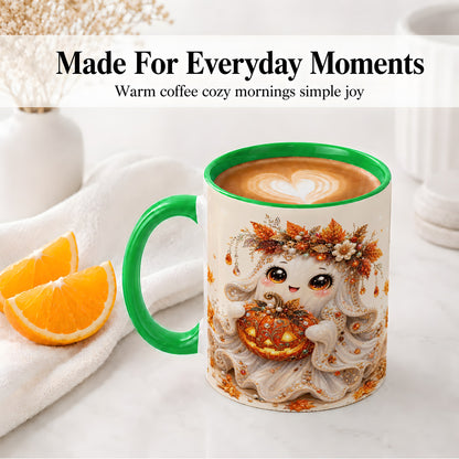 #pl[11oz|Green] Jeweled Halloween Ghost Accent Mug, Mug with Jack O Lantern Art