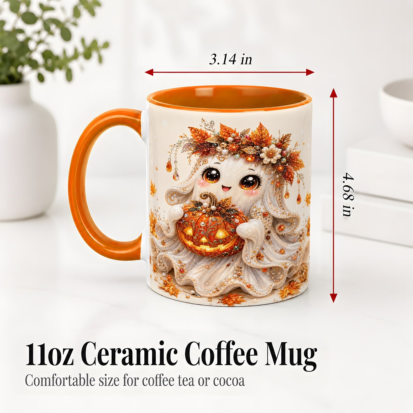 #pl[11oz|Orange] Jeweled Halloween Ghost Accent Mug, Mug with Jack O Lantern Art
